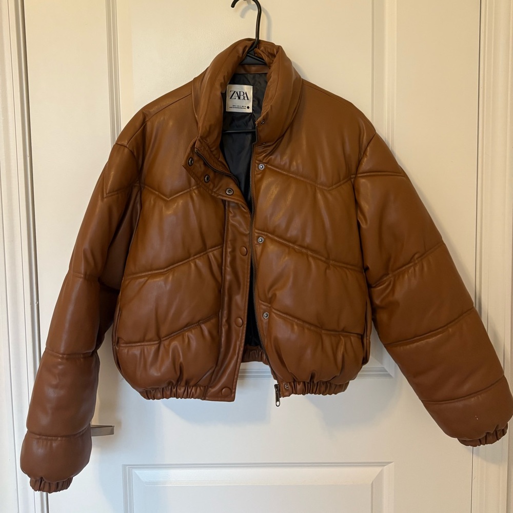 Zara Brown Faux Leather Puffer